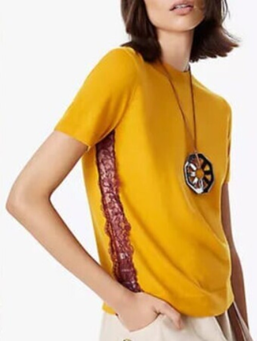 Tory Burch Merino Wool Mustard short sleeve sweater with ruby lace on side